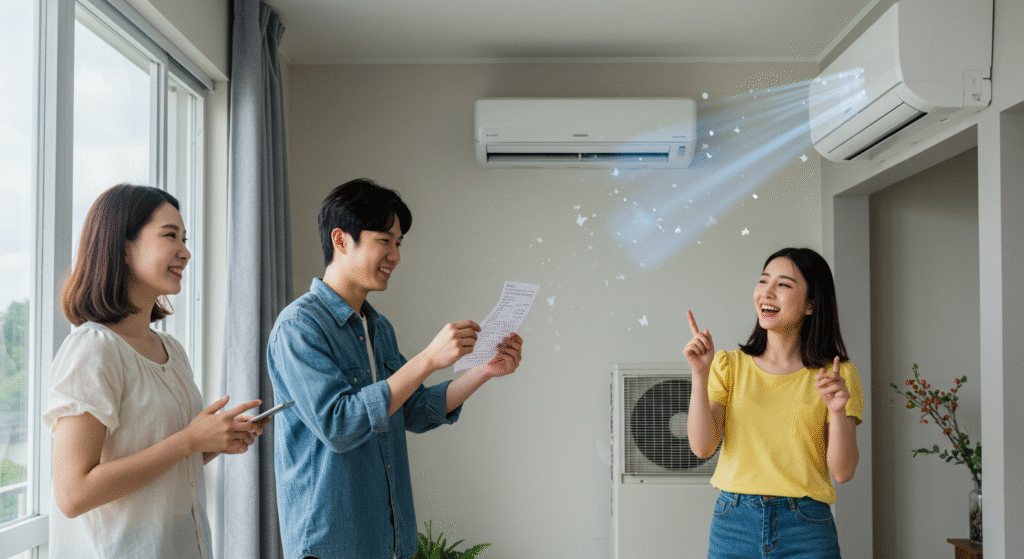A modern and fresh summer-themed image showing an air conditioner running efficiently indoors with happy people feeling cool, emphasizing electricity savings and eco-friendliness, clear text overlay space. korean people. showing cost receipt.