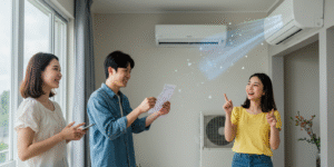 A modern and fresh summer-themed image showing an air conditioner running efficiently indoors with happy people feeling cool, emphasizing electricity savings and eco-friendliness, clear text overlay space. korean people. showing cost receipt.