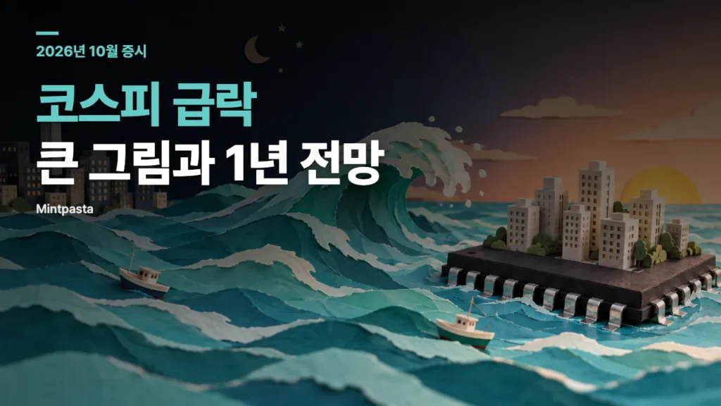 밤하늘 아래 왼쪽 빌딩 쪽에서 일어난 커다란 종이 파도가 아침 해가 뜨는 오른쪽의 메모리 칩 위 도시로 밀려가는 종이 공예 디오라마 삽화